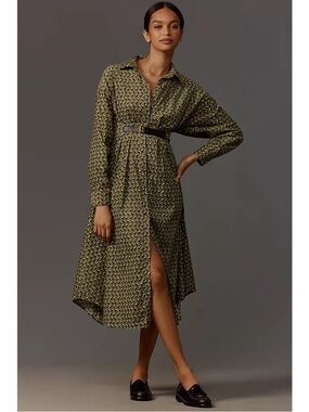 Anthropologie Green Floral Belted Midi Shirt Dress Button Front Fall Boho Chic 2